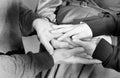 Black and white photo of hands. Family.  Love. Mom, dad and son. Love and family concept. Royalty Free Stock Photo