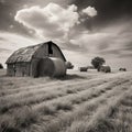 a black and white photo of hay bales in a field Royalty Free Stock Photo