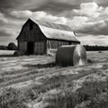 a black and white photo of hay bales in a field Royalty Free Stock Photo