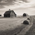 a black and white photo of hay bales in a field Royalty Free Stock Photo