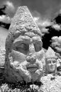 Black and white photo of head statue from Nemrut mountain. Turkey