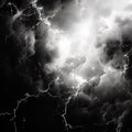 Black and white photo of lightning storm in a misty gothic style