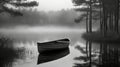 A Black And White Photo Of A Lone Boat On A Misty Lake. Generati