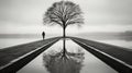 black and white photo of a lone person standing in front of a tree