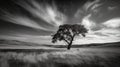 A black and white photo of a lone tree. AI generative image