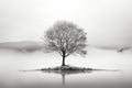 black and white photo of a lone tree on an island in the fog Royalty Free Stock Photo