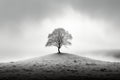 black and white photo of a lone tree on top of a hill Royalty Free Stock Photo