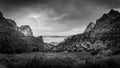 Black and White Photo of the Majestic Sandstone Mountains at both sides of the Pa`rus Trail in Zion National Park