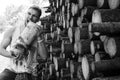 Black and white photo of a man at the factory processing wood, s Royalty Free Stock Photo