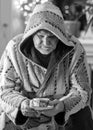 Black and white photo of a man in a robe drinking tea after a bath, portrait of a man Royalty Free Stock Photo