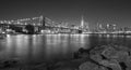 Black and white photo of Manhattan waterfront at night, NYC, USA Royalty Free Stock Photo