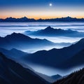 a black and white photo of a mountain range with fog in ther and a bright sun in the sky above the mountain