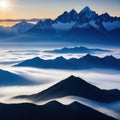 a black and white photo of a mountain range with fog in ther and a bright sun in the sky above the mountain