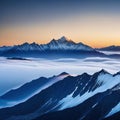 a black and white photo of a mountain range with fog in ther and a bright sun in the sky above the mountain