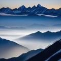 a black and white photo of a mountain range with fog in ther and a bright sun in the sky above the mountain