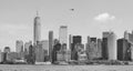 Black and white photo of New York City waterfront panorama, Manhattan, USA