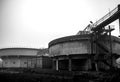 Black and white photo of an obsolete building of Beringen coal mine