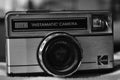 Black and white photo of an old instamatic camera