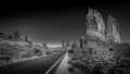 Black and White Photo of the Organ, a Sandstone Formation along the Arches Scenic Drive in Arches National Park Royalty Free Stock Photo