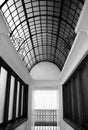 Black and white photo of 25 panel arched lead glass ceiling