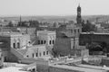 Black and white photo with panoramic view of Midyat city in Southeast Anatolia region, Turkey