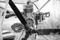 Black and white photo of paraglider engine and propeller Royalty Free Stock Photo