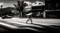 A black and white photo of a person crossing the street. AI generative image