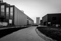 Black and white photo of a refirbished building of Beringen coal mine series