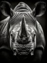 Black and white photo of rhinoceros is shown. The rhino\'s head is turned to one side, revealing its profile view with Royalty Free Stock Photo