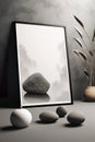A black and white photo of rocks and a vase. Generative AI image. Blank poster mockup.