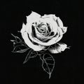 a black and white photo of a rose with leaves on it\'s stem and a stem with leaves on it