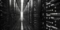 Black and white photo of rows of servers in a data center or server room Royalty Free Stock Photo