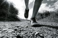 Black and white photo of a runner running towards the camera on a gravel road