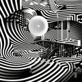 Futuristic Black And White Artwork With Sphere And Various Shapes