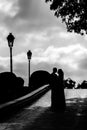 Black and white photo silhouettes of the newlyweds against the sky