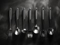 A black and white photo of spoons and utensils. Generative AI image. Royalty Free Stock Photo