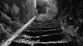 A black and white photo of a stairway leading to an underground tunnel, AI Royalty Free Stock Photo