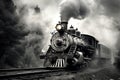 Black and White Photo of a Steam Engine Train Chugging Along a Railroad Track, Black and white picture of a steam locomotive from Royalty Free Stock Photo