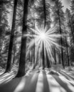 black and white photo of sun rays in the forest naturalism