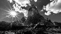 Black and White Photo of the Sun setting over the Sandstone Formations along the Arches Scenic Drive in Arches National Park Royalty Free Stock Photo