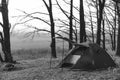 Black and white photo. Tourist tent with a quick-build system, brown. nobody. place for text. Dull dark tones of autumn morning, Royalty Free Stock Photo