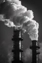 A black and white photo of two smoke stacks emitting steam, AI