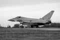 Black and white Photo of Typhoon 438 approaching V1 at RAF Coningsby - stock photo Royalty Free Stock Photo