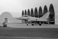 Black and white photo of Typhoon 938 taxiing at RAF Coningsby - stock photo