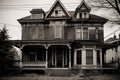 a black and white photo of a victorian house with its exterior details, including the front porch, windows, and door Royalty Free Stock Photo