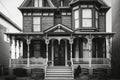 a black and white photo of a victorian house with its exterior details, including the front porch, windows, and door Royalty Free Stock Photo