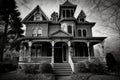 a black and white photo of a victorian house with its exterior details, including the front porch, windows, and door Royalty Free Stock Photo