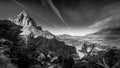 Black and White Photo of The Watchman Peak and the Virgin River Valley in Zion National Park in Utah, USA Royalty Free Stock Photo