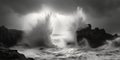 A black and white photo of a wave crashing over rocks. Generative AI image. Royalty Free Stock Photo