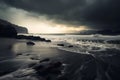 A black and white photo of waves crashing on a beach. Generative AI image. Royalty Free Stock Photo